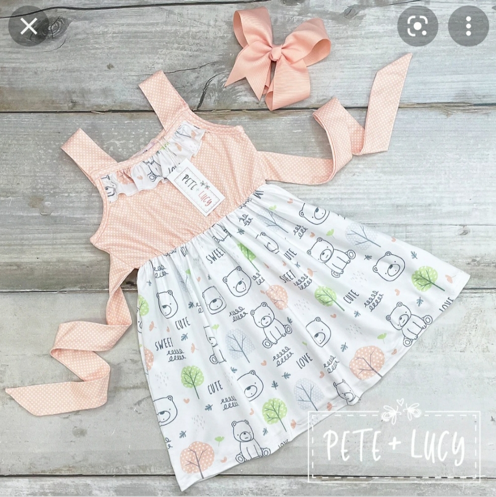 Pete and lucy teddy bear peach, white, dress summer spring little girls dress